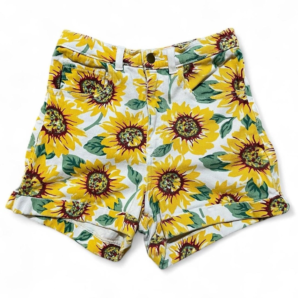 Y2K Sunflower Print Women's Denim Shorts. Made in USA